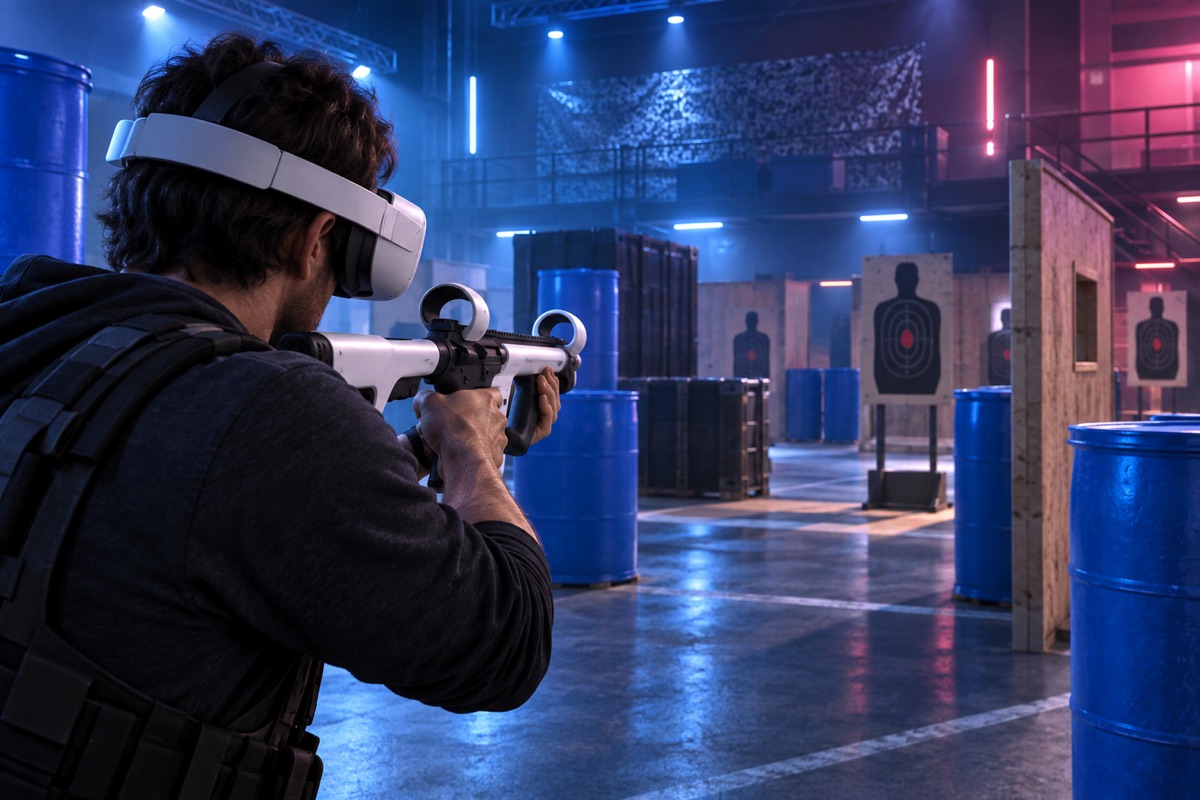 Illustration of a headset player in a virtual target-practice arena
