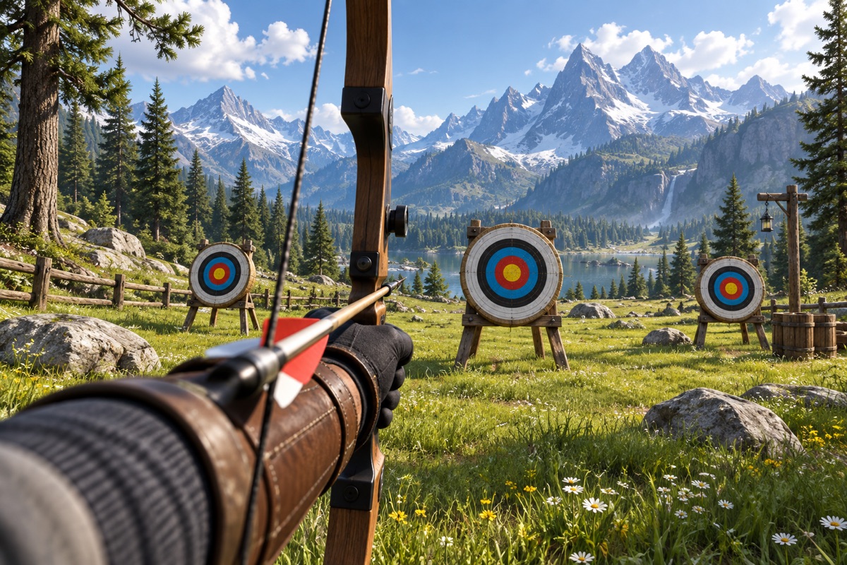 Illustration of a bow and arrow aimed at outdoor archery targets