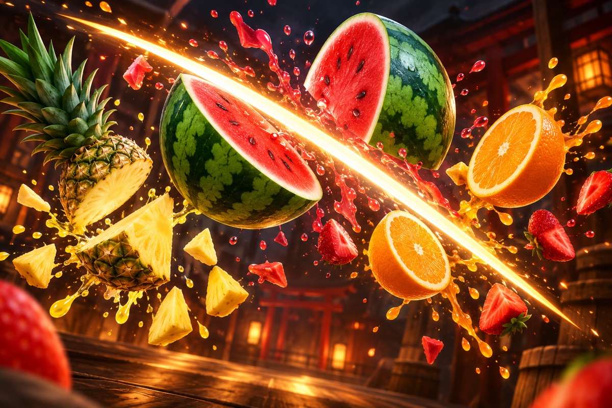 Illustration of colourful sliced fruit and a glowing swipe