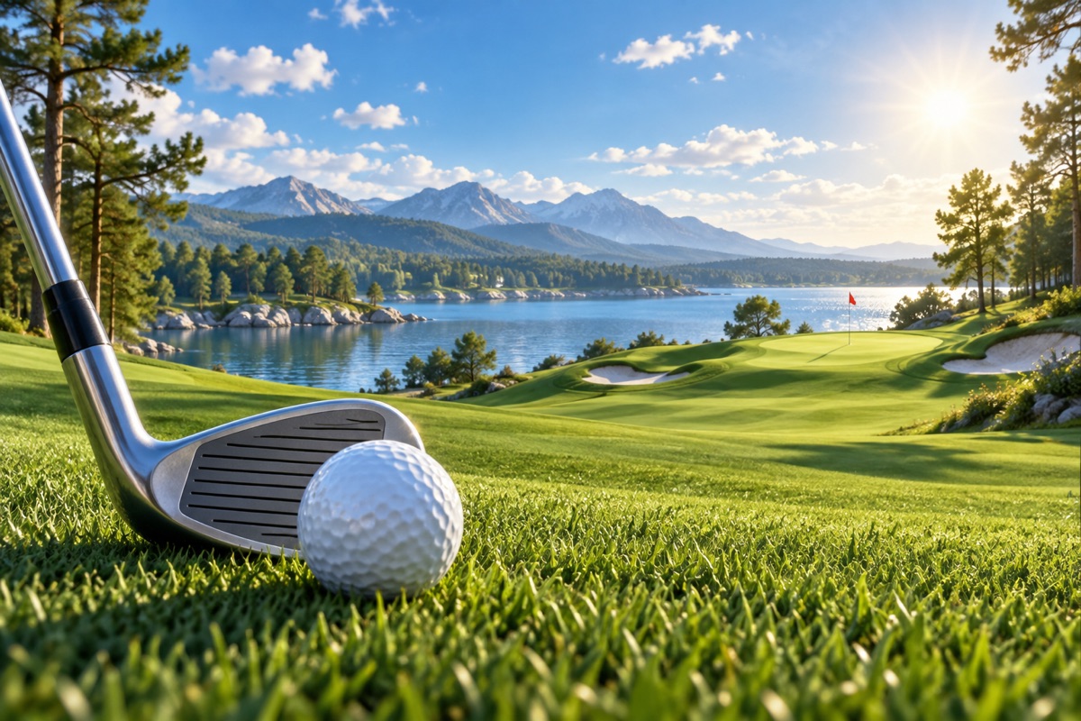 Illustration of a golf club and ball beside a lakeside course
