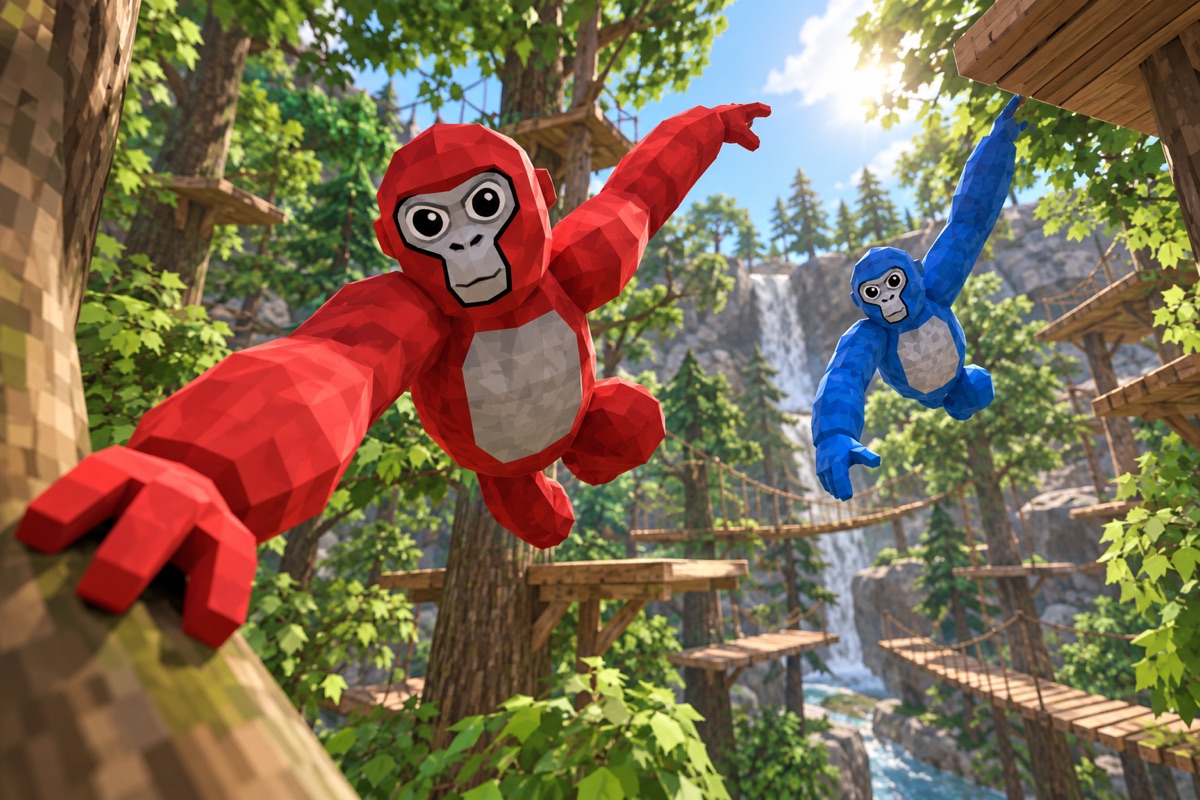 Illustration of red and blue gorilla avatars climbing in a forest