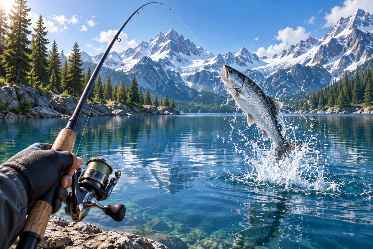 Illustration of a fish leaping from a mountain lake beside a fishing rod