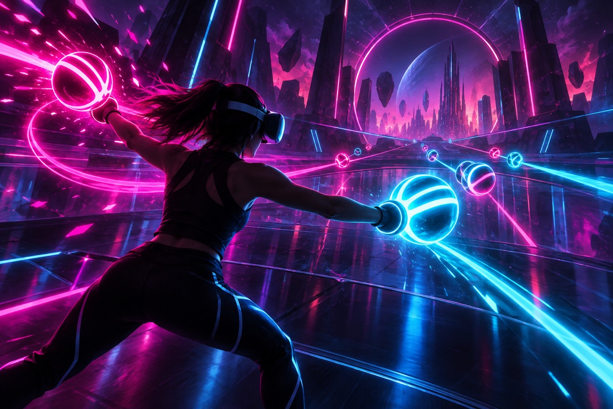Illustration of a VR player reaching for neon rhythm orbs